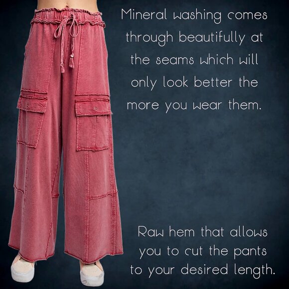 EASEL “Feeling Good Cargos” Mineral Washed Flared Leg, Raw Seams & Hems, Pockets - Picture 9 of 16